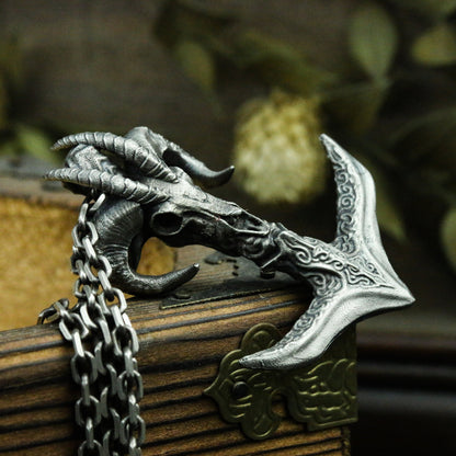 Skull boat anchor 925 silver pendant necklace, sheep skull animal necklace pendant, vintage creative personalized silver necklace gift - SATANHORN