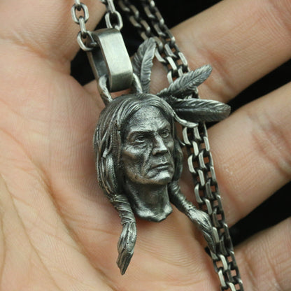 Indian Chief 925 silver pendant necklace, tribal chief silver pendant, Indian style necklace, African pendant