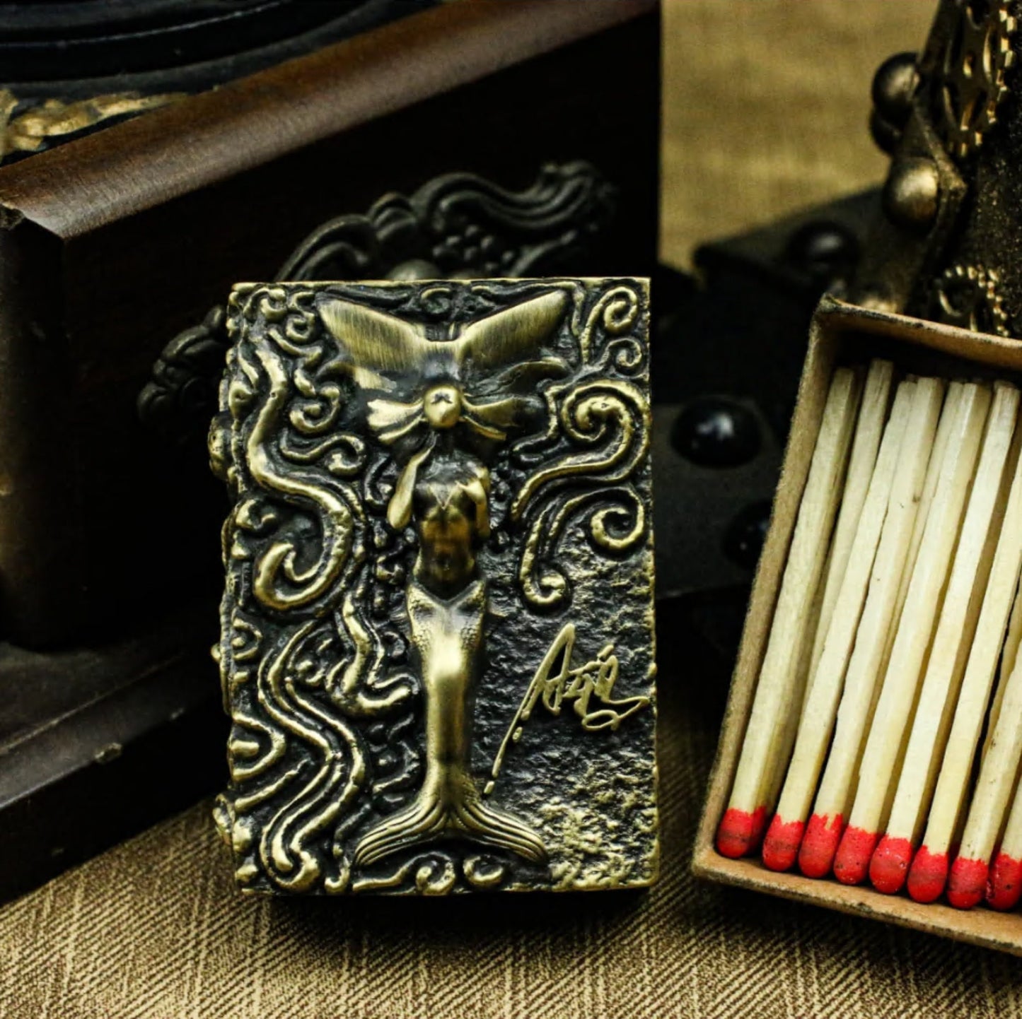 Brass Mermaid Match box silver smoking set collection products, Sterling silver carved matchbox, Male attractor smoking-Handmade