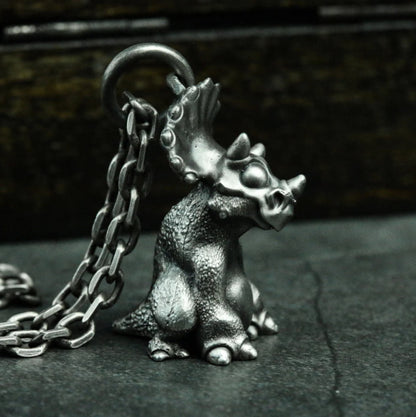 Triceratops 925 Silver Pendant Necklace, Dinosaur Silver Pendant, Dragon Pendant, Handmade Animal Pendant - SATANHORN