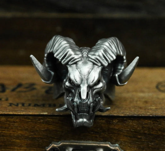 Satan Devil Sheep Head 925 Silver Ring, Skull Sheep Ring, Animal Skull, Men’s Ring, Pan Sheep Ring - SATANHORN