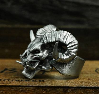 Satan Devil Sheep Head 925 Silver Ring, Skull Sheep Ring, Animal Skull, Men’s Ring, Pan Sheep Ring - SATANHORN
