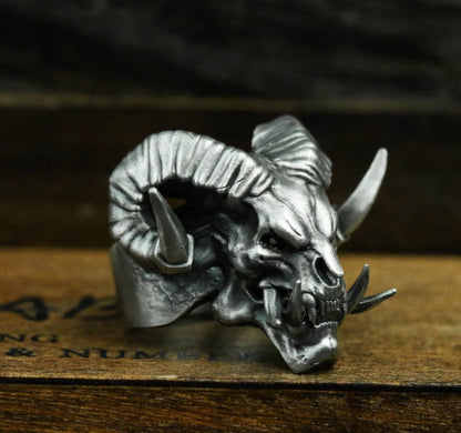 Satan Devil Sheep Head 925 Silver Ring, Skull Sheep Ring, Animal Skull, Men’s Ring, Pan Sheep Ring - SATANHORN