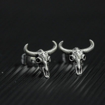 Skull bull head 925 silver earrings, gothic skull silver earrings, forest animal buffalo design earrings gift