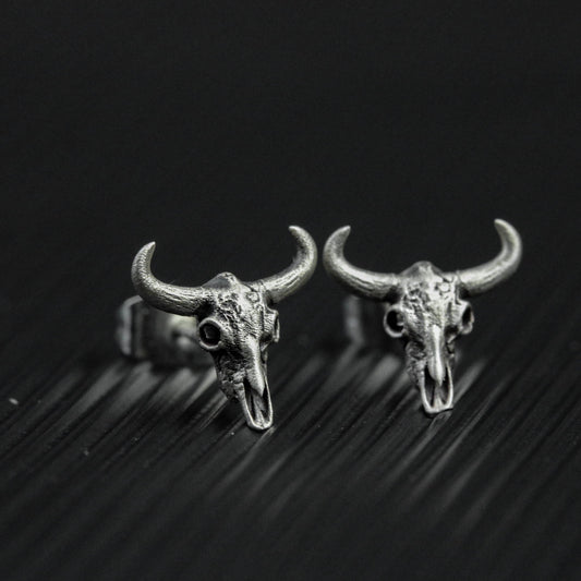 Skull bull head 925 silver earrings, gothic skull silver earrings, forest animal buffalo design earrings gift