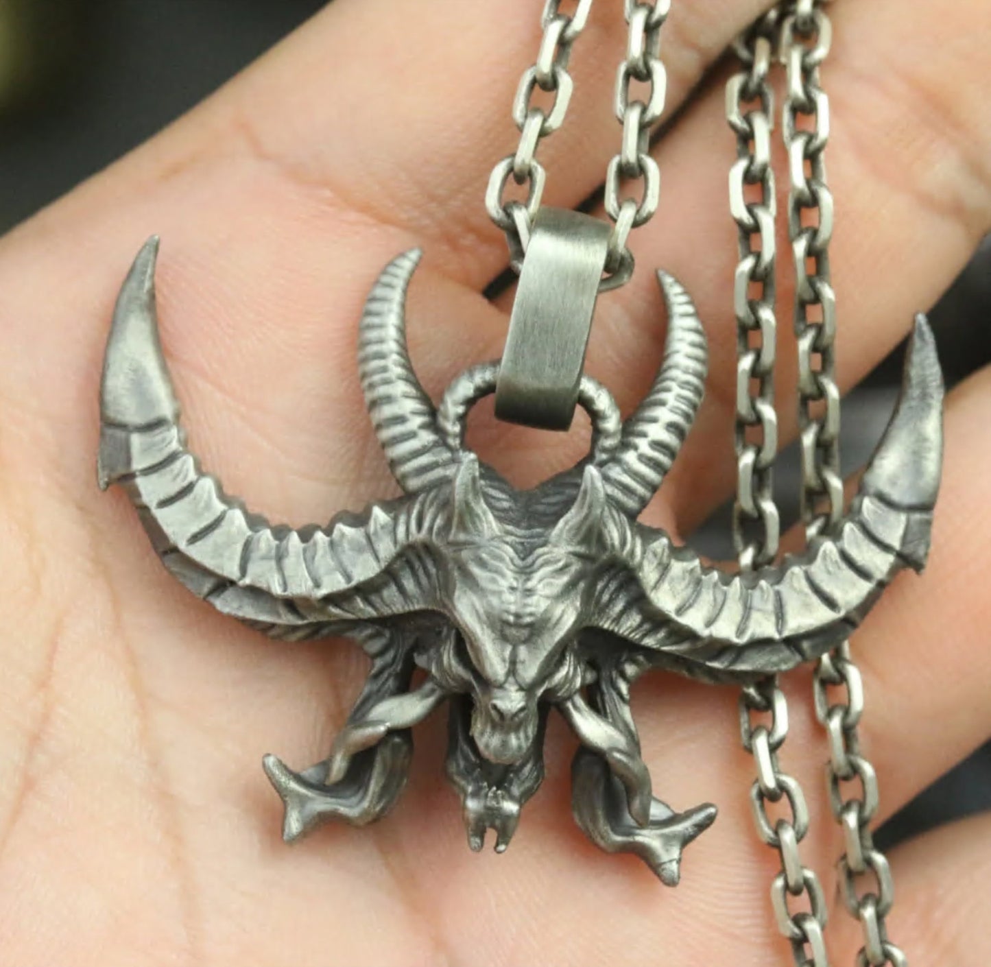 Ghost Horn Dragon Head 925 Silver Pendant Necklace, Charm Horn Monster, Skull Dragon Necklace