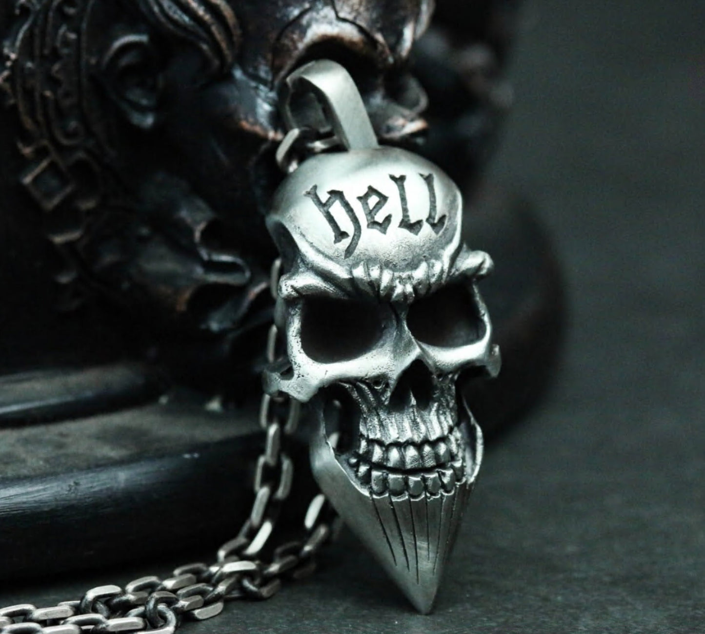 Hell Skull 925 Silver Pendant Necklace, Gothic Skull Necklace, Hip Hop Pendant, Men's Silver Pendant