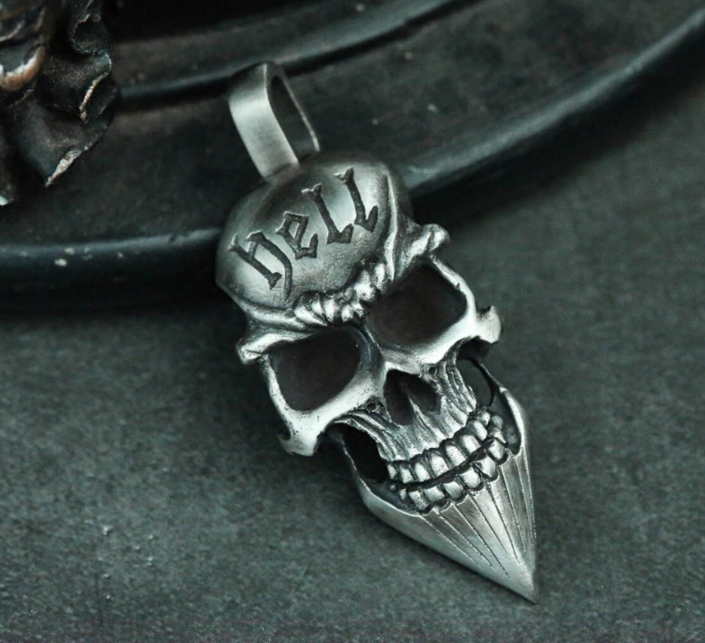 Hell Skull 925 Silver Pendant Necklace, Gothic Skull Necklace, Hip Hop Pendant, Men's Silver Pendant