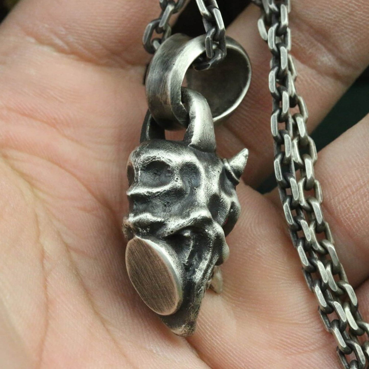 Mephisto 925 silver pendant necklace, silver skull texture necklace pendant, handmade gift skull pendant