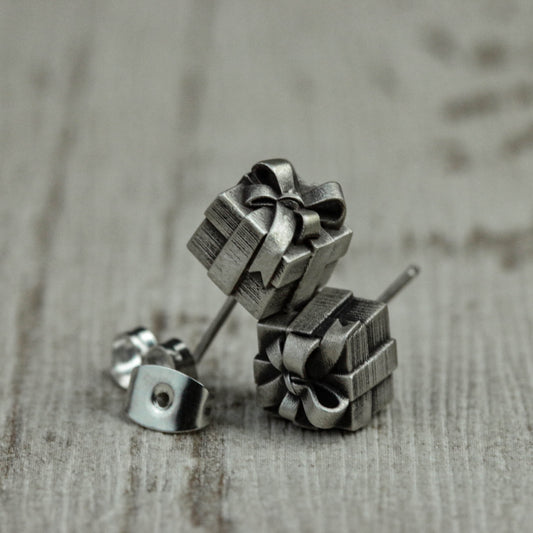 gift box earrings, box earrings, small earrings, mini earrings, small gifts, minimalist earrings