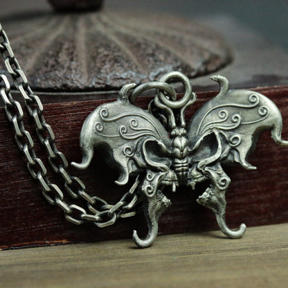 Skull butterfly 925 silver pendant necklace, gothic butterfly insect silver jewelry gift handmade pendant - SATANHORN