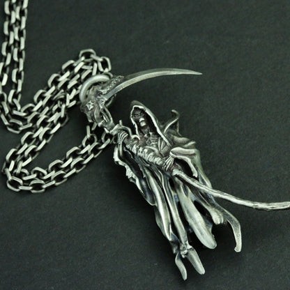 Death 925 silver pendant necklace, death scythe hell goth necklace, skull death silver jewelry personalized gifts - SATANHORN