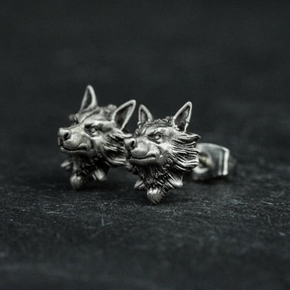 sterling silver wolf head earrings, wolf head earrings, wolf earrings, wild wolf earrings, wild animal earrings, gifts for men