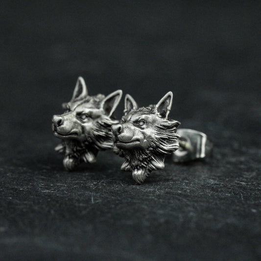 sterling silver wolf head earrings, wolf head earrings, wolf earrings, wild wolf earrings, wild animal earrings, gifts for men