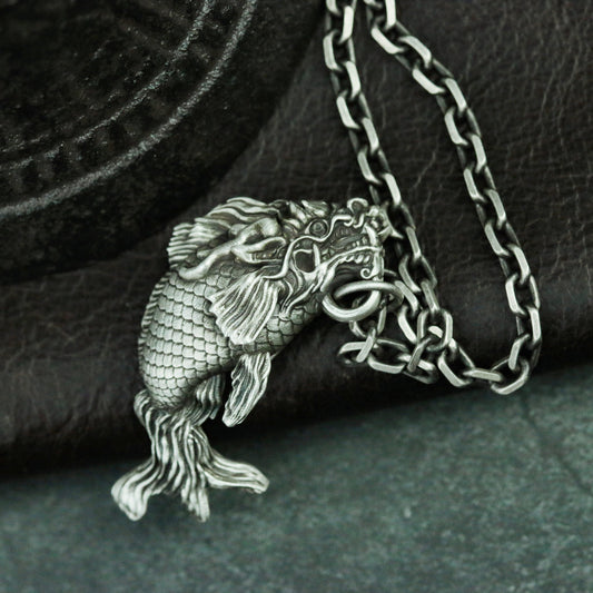 Dragon fish 925 silver pendant necklace, legend of carp turning into dragon, mythical animal dragon son silver handmade gift