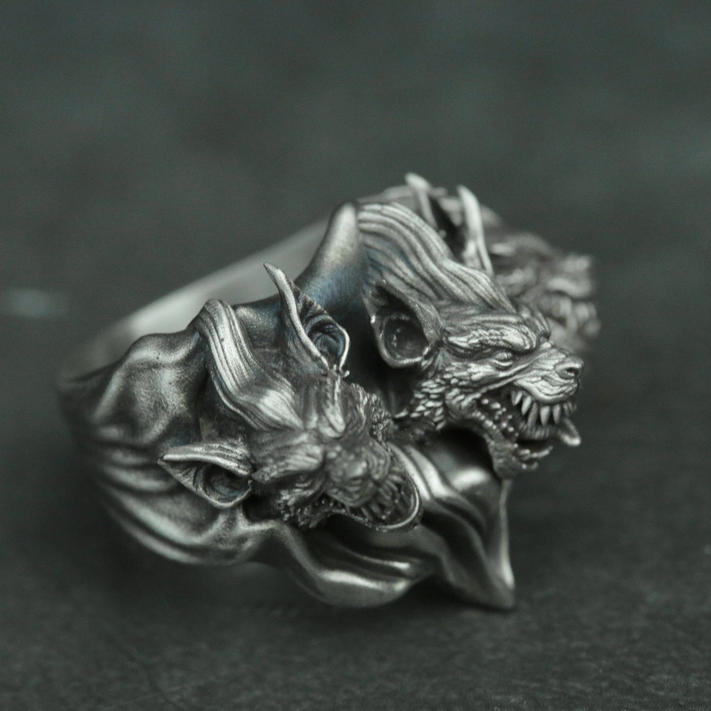 Hell three head dog 925 silver ring, dog head silver  ring jewelry, vicious dog jewelry personalized gifts