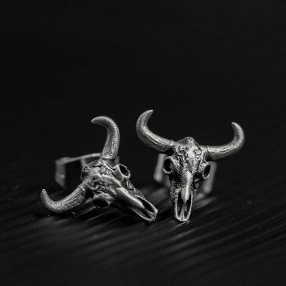 Skull bull head 925 silver earrings, gothic skull silver earrings, forest animal buffalo design earrings gift