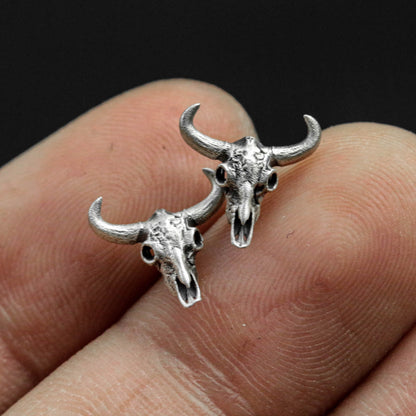 Skull bull head 925 silver earrings, gothic skull silver earrings, forest animal buffalo design earrings gift