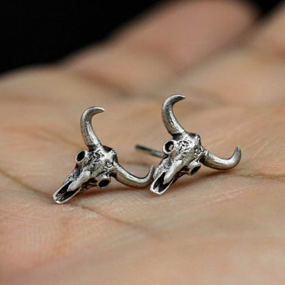 Skull bull head 925 silver earrings, gothic skull silver earrings, forest animal buffalo design earrings gift