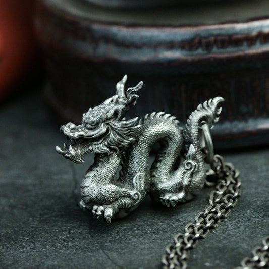 Chinese dragon 925 silver pendant necklace, mythical dragon king silver jewelry, rain or shine dragon king animal Chinese gift pendant