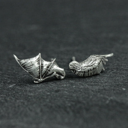 Angel Devil Stud Earrings, Sterling Silver Stud Earrings, Angel Wing Stud Earrings, Minimalist Jewelry, Gift for Her