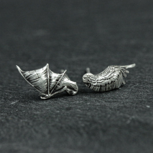 Angel Devil Stud Earrings, Sterling Silver Stud Earrings, Angel Wing Stud Earrings, Minimalist Jewelry, Gift for Her