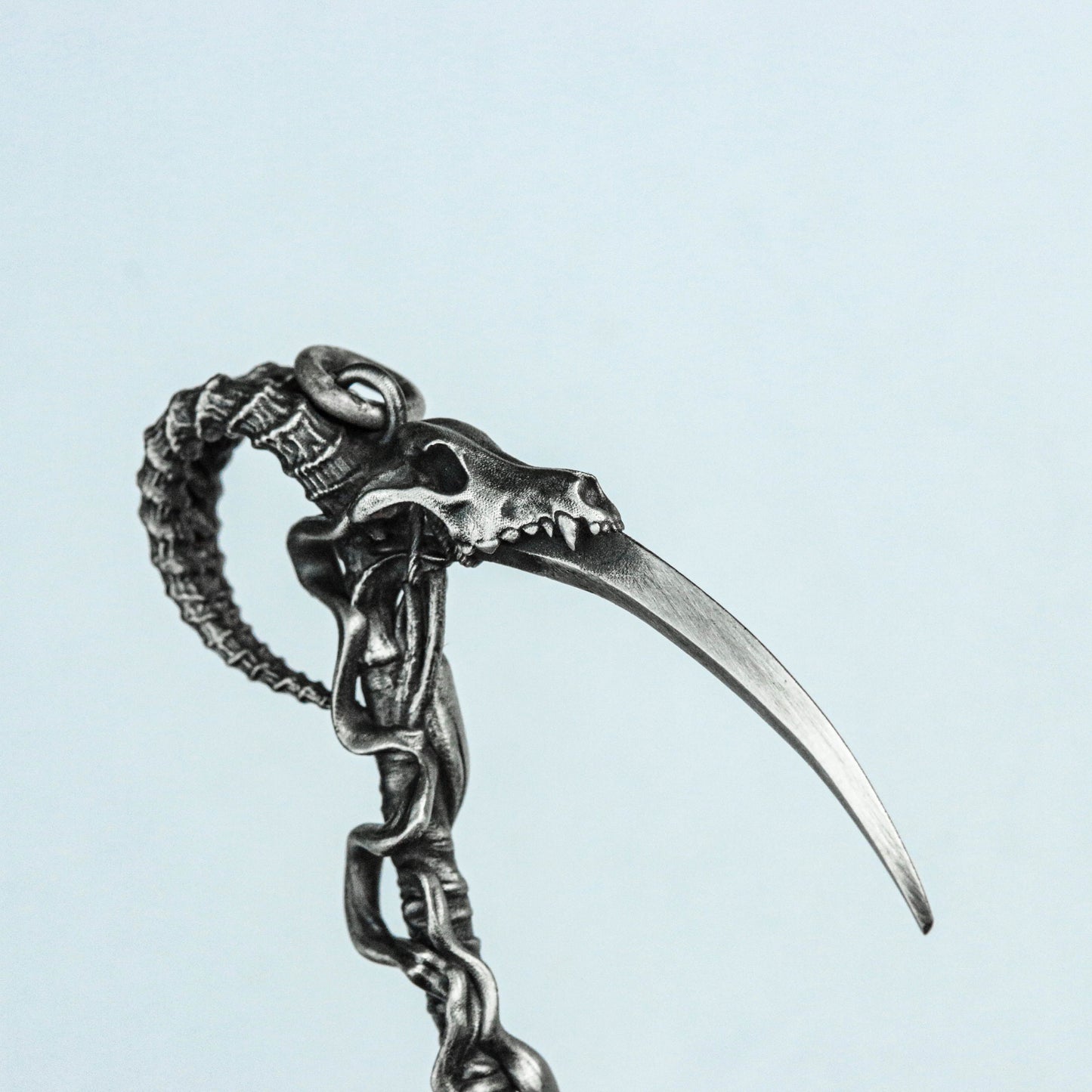 Death Scythe Pendant Big Sheep Head, Skull Silver Pendant, Weird Jewelry, Unique Brass Skull Necklace, Artwork, Gothic Jewelry,