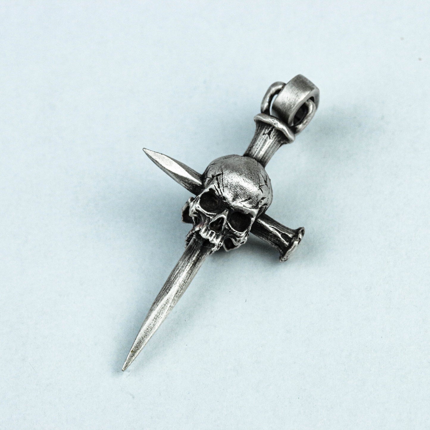 Road spike silver pendant, dark skull brass pendant, skull pendant, gothic jewelry, vintage silver, handmade pendant,