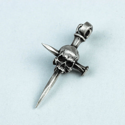 Road spike silver pendant, dark skull brass pendant, skull pendant, gothic jewelry, vintage silver, handmade pendant,