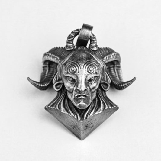 Greek Pan pendant, satan silver evil devil god skull necklace head portrait original jewelry, American retro handmade custom jewelry brass