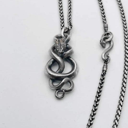 Coiled snake scepter pendant, men's rights jewelry, 925 silver python viper necklace, brass artisan crafted jewelry