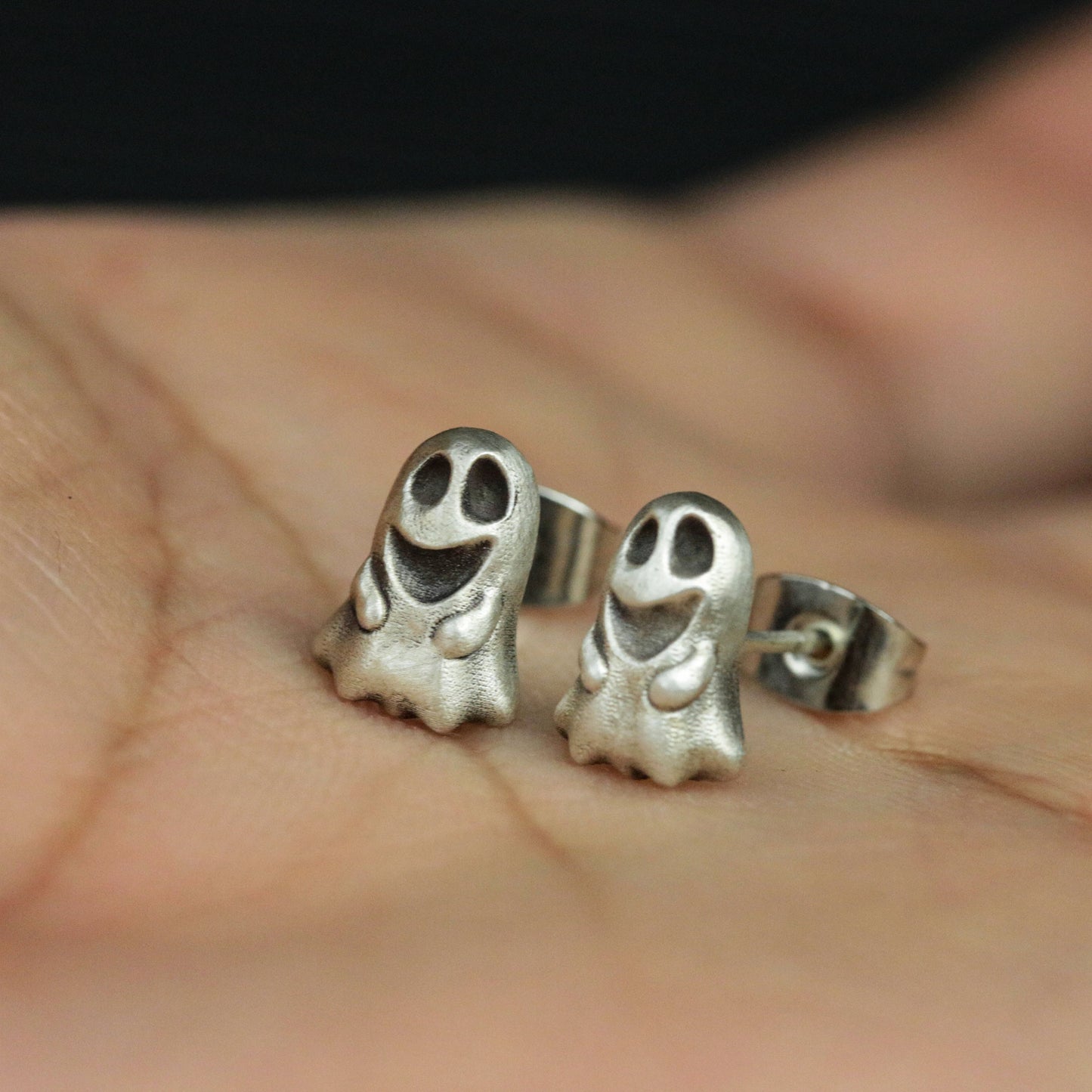 sterling silver ghost stud earrings, ghost accessories, ghost jewelry, gifts for men, fun stud earrings