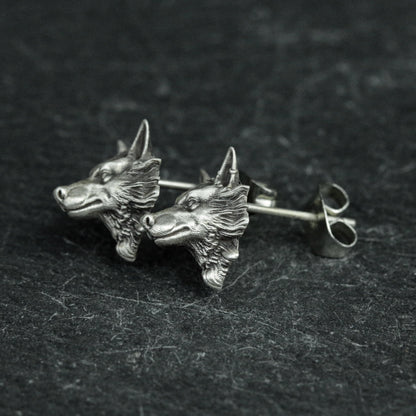 sterling silver wolf head earrings, wolf head earrings, wolf earrings, wild wolf earrings, wild animal earrings, gifts for men