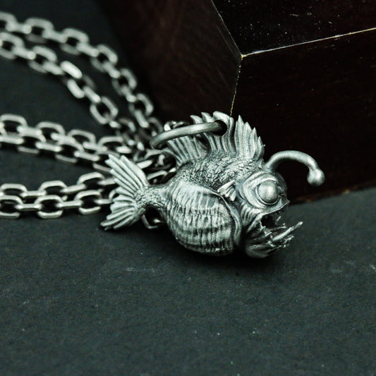 Monkfish 925 Silver Pendant Necklace, Anglerfish Animal Silver Handmade Pendant Gift, Gothic Fish Personality Necklace Piranha