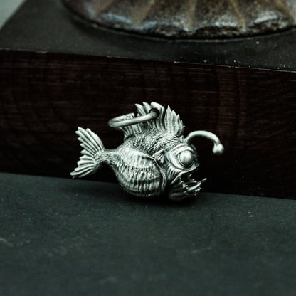 Monkfish 925 Silver Pendant Necklace, Anglerfish Animal Silver Handmade Pendant Gift, Gothic Fish Personality Necklace Piranha