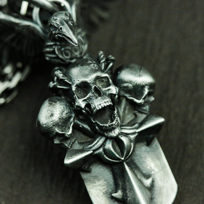 Necronomicon tag 925 silver necklace, raven and skull grim reaper, gothic cross silver handmade pendant gift