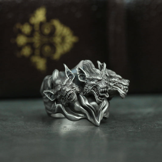 Hell three head dog 925 silver ring, dog head silver  ring jewelry, vicious dog jewelry personalized gifts