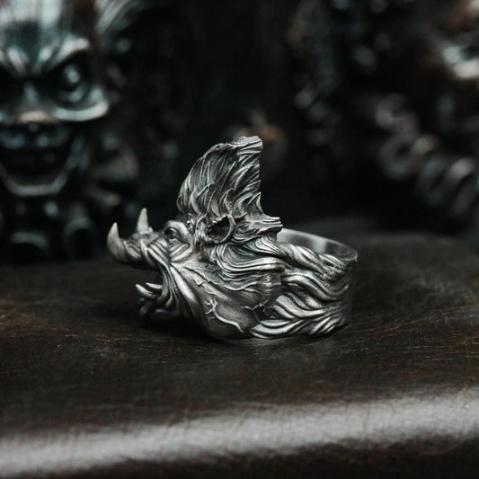 Wild Boar 925 Silver Ring, Wild Animal Design Silver Skull Jewelry Rings Men's Accessories - SATANHORN