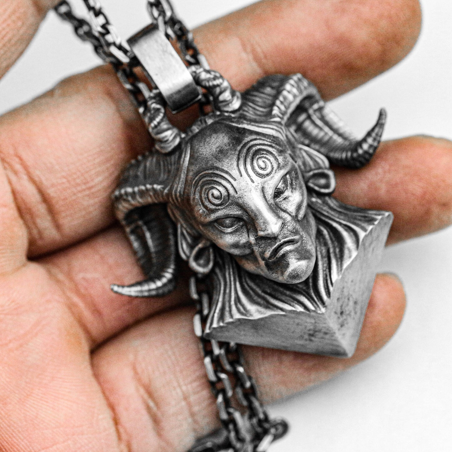 Greek Pan pendant, satan silver evil devil god skull necklace head portrait original jewelry, American retro handmade custom jewelry brass