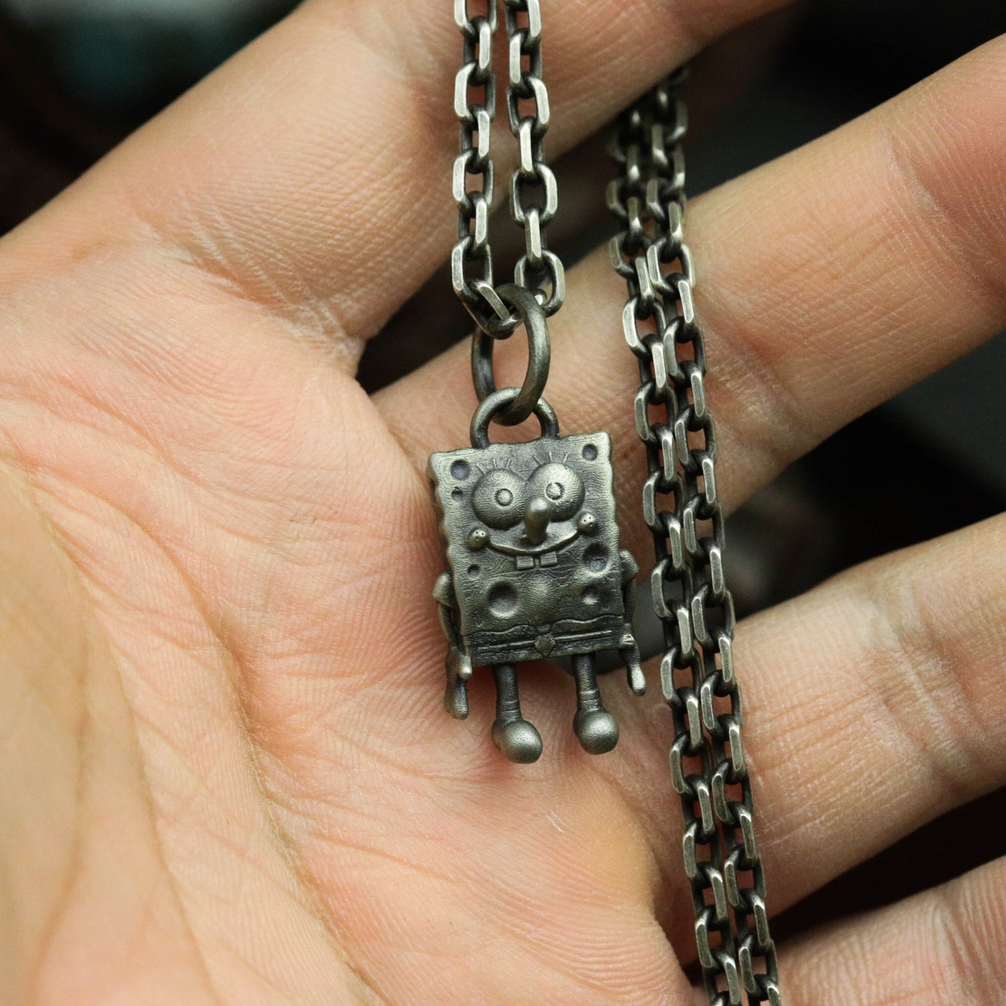 925 Vintage Silver SpongeBob SquarePants Necklace Pendant Chain