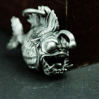 Monkfish 925 Silver Pendant Necklace, Anglerfish Animal Silver Handmade Pendant Gift, Gothic Fish Personality Necklace Piranha