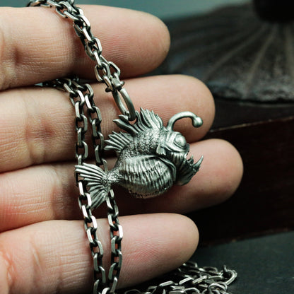Monkfish 925 Silver Pendant Necklace, Anglerfish Animal Silver Handmade Pendant Gift, Gothic Fish Personality Necklace Piranha