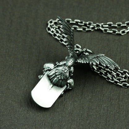 Necronomicon tag 925 silver necklace, raven and skull grim reaper, gothic cross silver handmade pendant gift