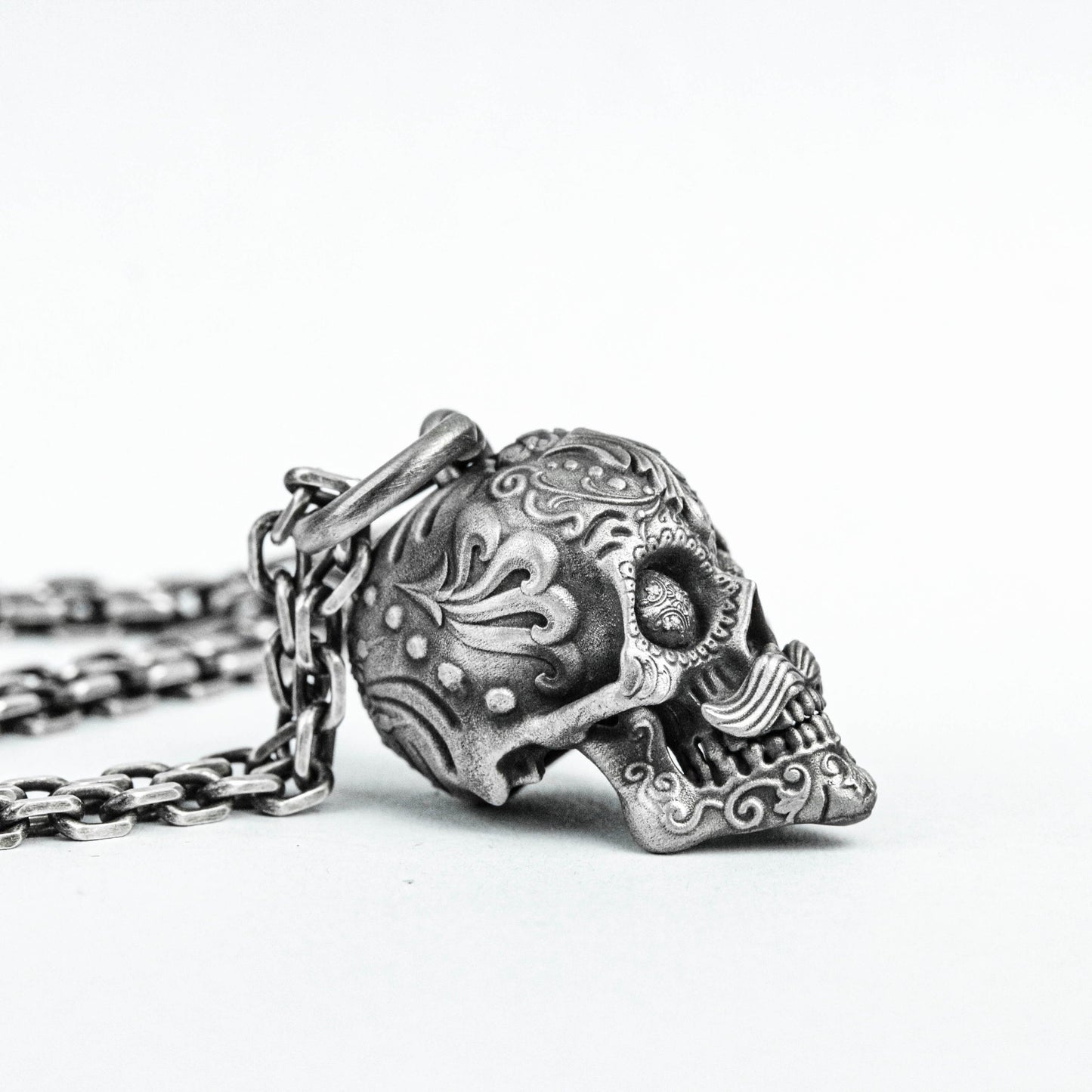 Skull 925 Sterling Silver Pendant, Brass Skull Necklace, Ingenious Handmade Custom Pattern Skull Mexican Gangster Pendant.