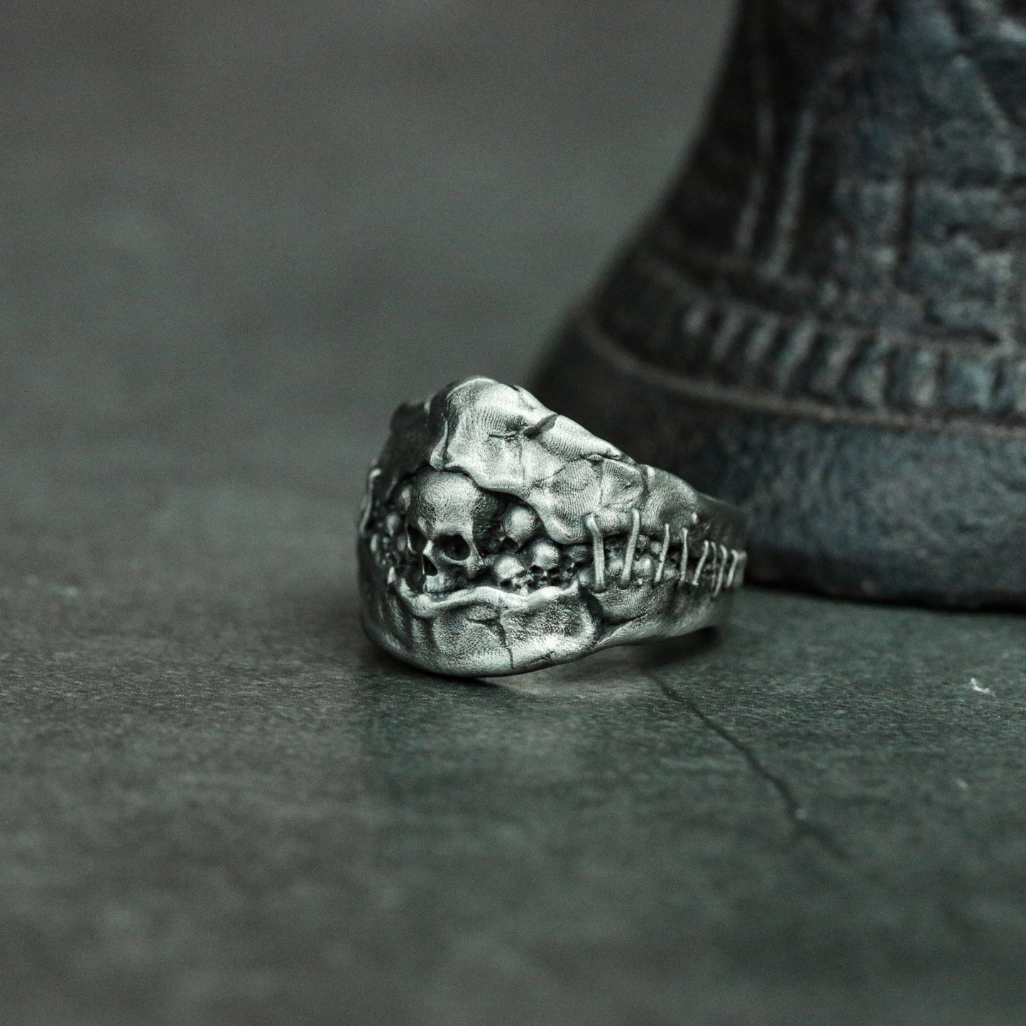 Stitched skull 925 silver ring, Hell's Gate ring, cracked gothic skull ring dark gift - SATANHORN