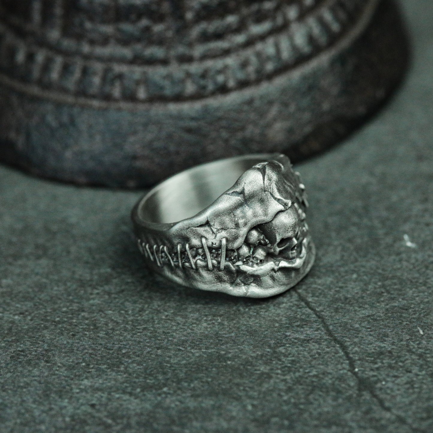 Stitched skull 925 silver ring, Hell's Gate ring, cracked gothic skull ring dark gift - SATANHORN
