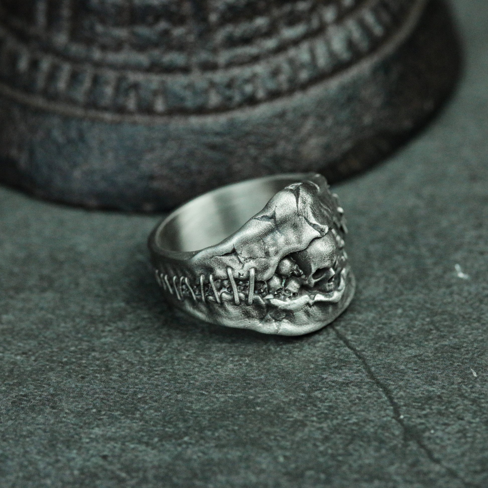 Stitched skull 925 silver ring, Hell's Gate ring, cracked gothic skull ring dark gift - SATANHORN