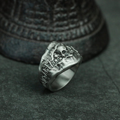 Stitched skull 925 silver ring, Hell's Gate ring, cracked gothic skull ring dark gift - SATANHORN