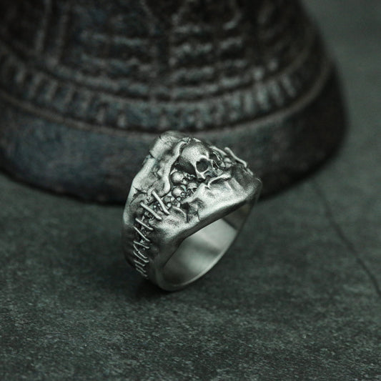 Stitched skull 925 silver ring, Hell's Gate ring, cracked gothic skull ring dark gift - SATANHORN