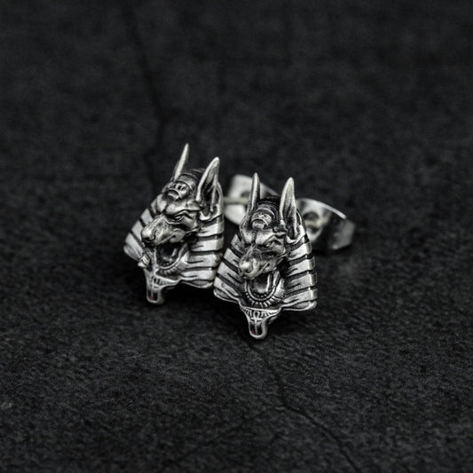 Anubis Egyptian Silver Stud Earrings, Silver Egyptian Jewelry, Egyptian God Stud Earrings - Handmade